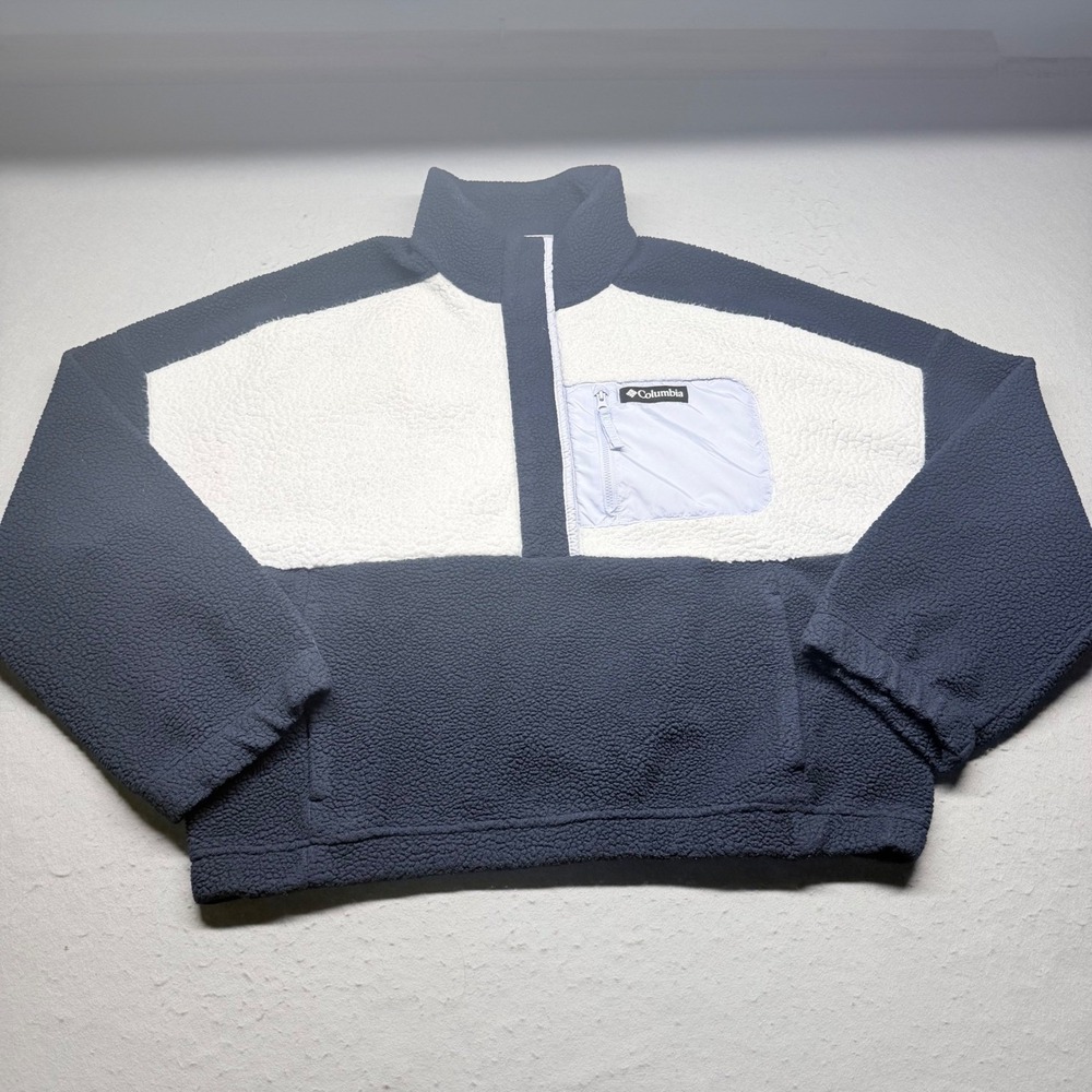 Columbia Fleece Pullover Womens XL Blue White Colorblock Sherpa Snap Neck Jacket
